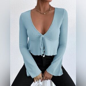 Solid Flounce Sleeve Tie Front Ribbed Knit Top